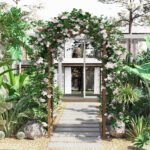79in Wooden Garden Arbor Arch Trellis with Classic Countryside Style, Pergola Style Roof for Climbing Vines for Ceremony Party Weddings - Image 2