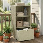 Valet Pool Towel Rack, Water-Resistant PE Plastic Rattan Wicker Storage Organizer, 2 Shelves, 1 Basket Drawer - Image 2