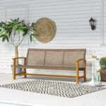 3-Seat Wicker Outdoor Couch Patio Sofa, Acacia Wood Patio Furniture with Steel Seat Armrests, 1000 LBS Capacity, Teak - Image 2