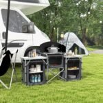 Aluminum Camping Kitchen, Portable Folding Camping Table with Fabric Cupboards, Windshield, Bag for BBQ, Picnic, Black - Image 2