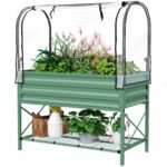 Raised Garden Bed with Legs and Cover, Metal Elevated Planter Box with Bottom Shelf and Liner for Vegetables, Green