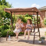 Kids Patio Swing, 2-Seater Outdoor Swing Chair with Adjustable Canopy and Safety Belt, Monkey Pattern Hanging Swing Bench for Garden or Backyard, Coffee - Image 2