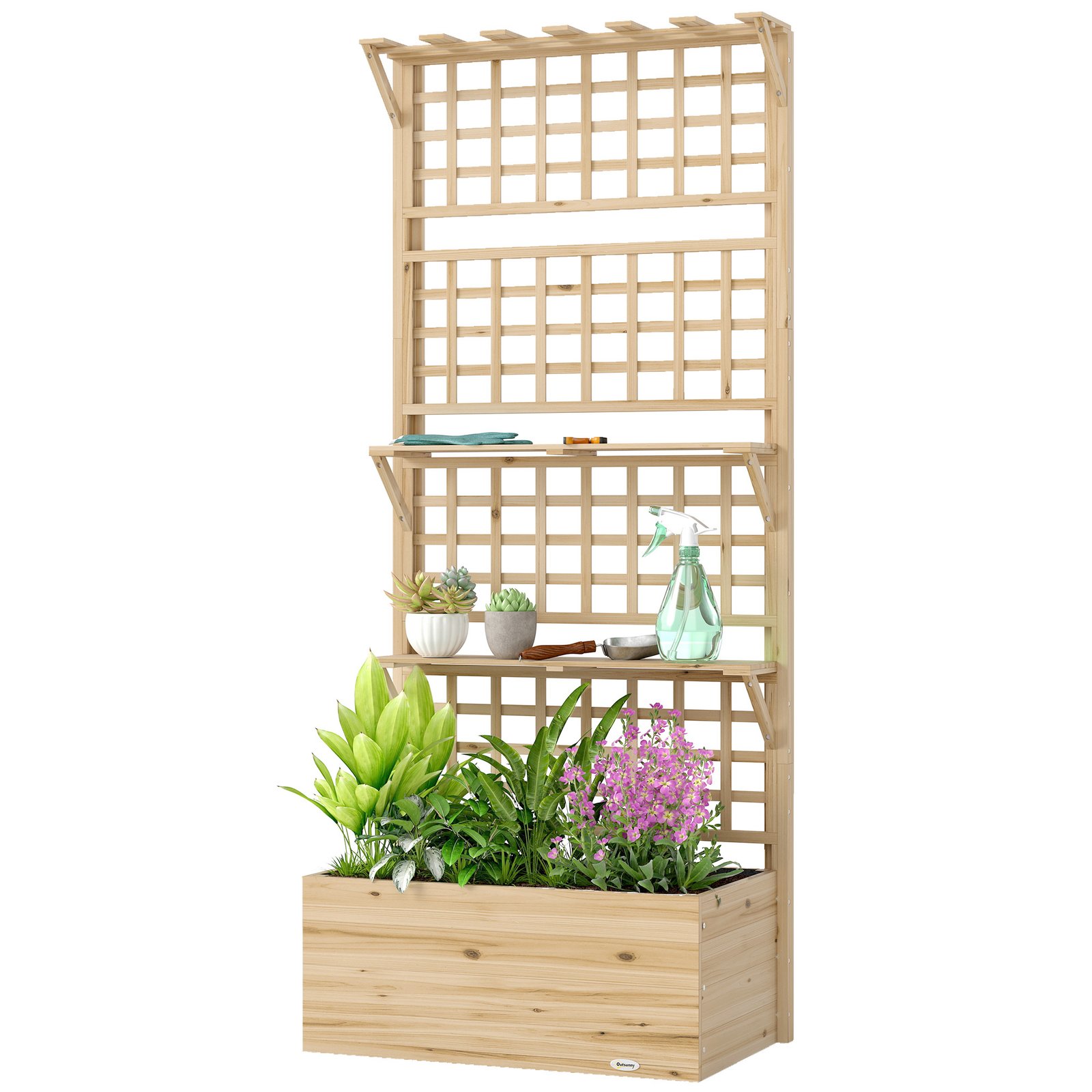 xQwc2519da4205266.jpg Wooden Raised Garden Bed with Trellis and Roof, Elevated Planter Box with 2 Shelves, Drainage Hole and Liner, Natural - Image 1