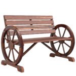 41" Wooden Wagon Wheel Bench, Rustic Outdoor Patio Bench Weather Resistance Furniture, 2-Person Slatted Seat with Backrest, Carbonized