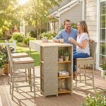 5 Piece Wicker Outdoor Bar Set, Acacia Wood Outdoor High Top Table and Chairs with 3 Tier Shelves, Cushions, Brown - Image 2