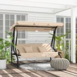 Free Standing Swing Bench, Porch Swing with Stand, Adjustable Canopy, Cushion and Pillows, Ecru - Image 2