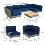 7 Piece Wicker Patio Furniture Set, Modular Outdoor Sectional with Thickened Cushions, Acacia Wood Table, Brown/Blue - Image 3