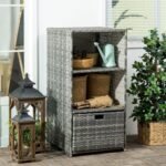 Valet Pool Towel Rack, Waterproof PE Plastic Rattan Wicker Storage Organizer, Indoor Outdoor Spa, and Hot Tub Accessory Storage, 2 Shelves, 1 Basket Drawer, Gray - Image 2