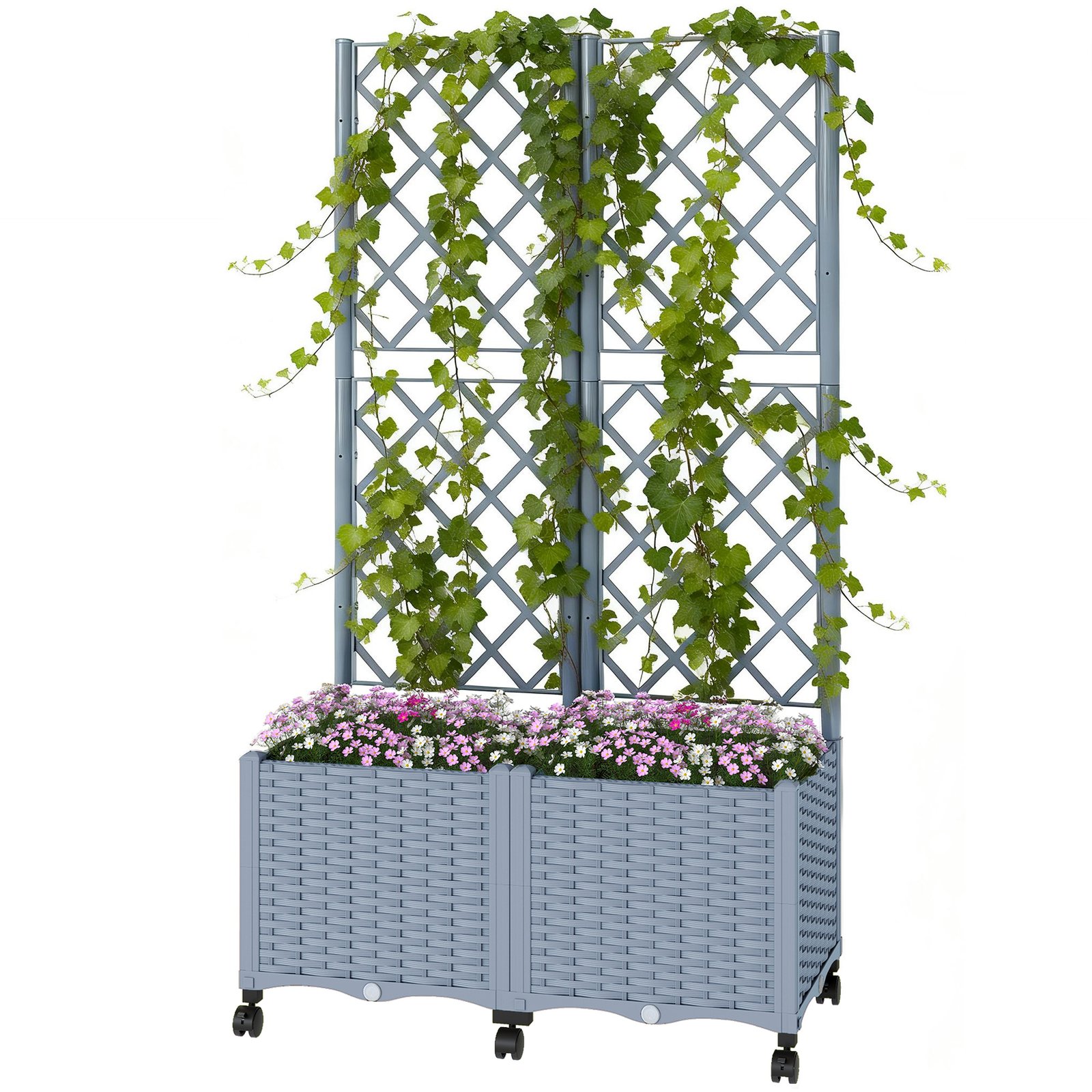 y2K86b19cf672cca9.jpg Planter Box with Trellis, Self Watering Raised Garden Bed with Lockable Wheels and Drainage Holes, Gray - Image 1