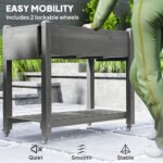 Wood Raised Planter Box, Elevated Garden Bed with Lockable Wheels, Side Tables, Bottom Shelf, Drain Holes, Gray - Image 5