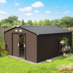 Metal Large Shed with Double Locking Doors Sloped Roof for Garden Tool, Bike Storage, Brown - Image 2