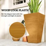 Set of 3 Tall Planters, 28" Outdoor Planter w/ Drainage Holes, Faux Wood Plastic Flower Pots, Light Brown - Image 6