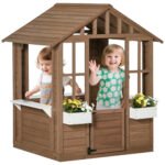 Kids Wooden Playhouse, Outdoor Garden Games Cottage with Flowers Pot Holder, Working Door, Windows, Brown
