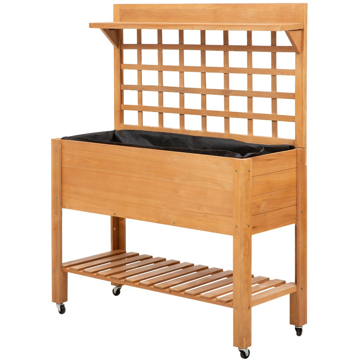 yBu3ae17ef634e681.jpg 41"x18"x53" Elevated Garden Raised Bed with Shelf and Wheels Solid Wood Planter Flower Herb Boxes for Vegetables Flower Outdoor/Indoor - Brown - Image 1