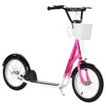 Youth Scooter, Kick Scooter with Adjustable Handlebars, Double Brakes, 16" Inflatable Rubber Tires, Basket, Cupholder