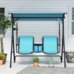 2 Person Porch Swing with Canopy, Storage Table, Cup Holder, Blue - Image 8