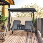 2-Seat Outdoor Porch Swing, with Pivot Storage Table, Cup Holder, & Adjustable Overhead Canopy, Stand's Skid-Resistant Feet Pad, Breathable Mesh Seat, Steel Frame, for Patio, Gray - Image 2
