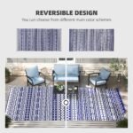 Reversible Outdoor Rug, Waterproof Plastic Straw with Carry Bag, 9' x 18', Blue & White Geometric Wall - Image 4