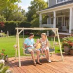 3 Seat Wooden Porch Swing with Stand, Patio Swing with Cushion, for Garden, Poolside, Backyard, Natural Wood - Image 2