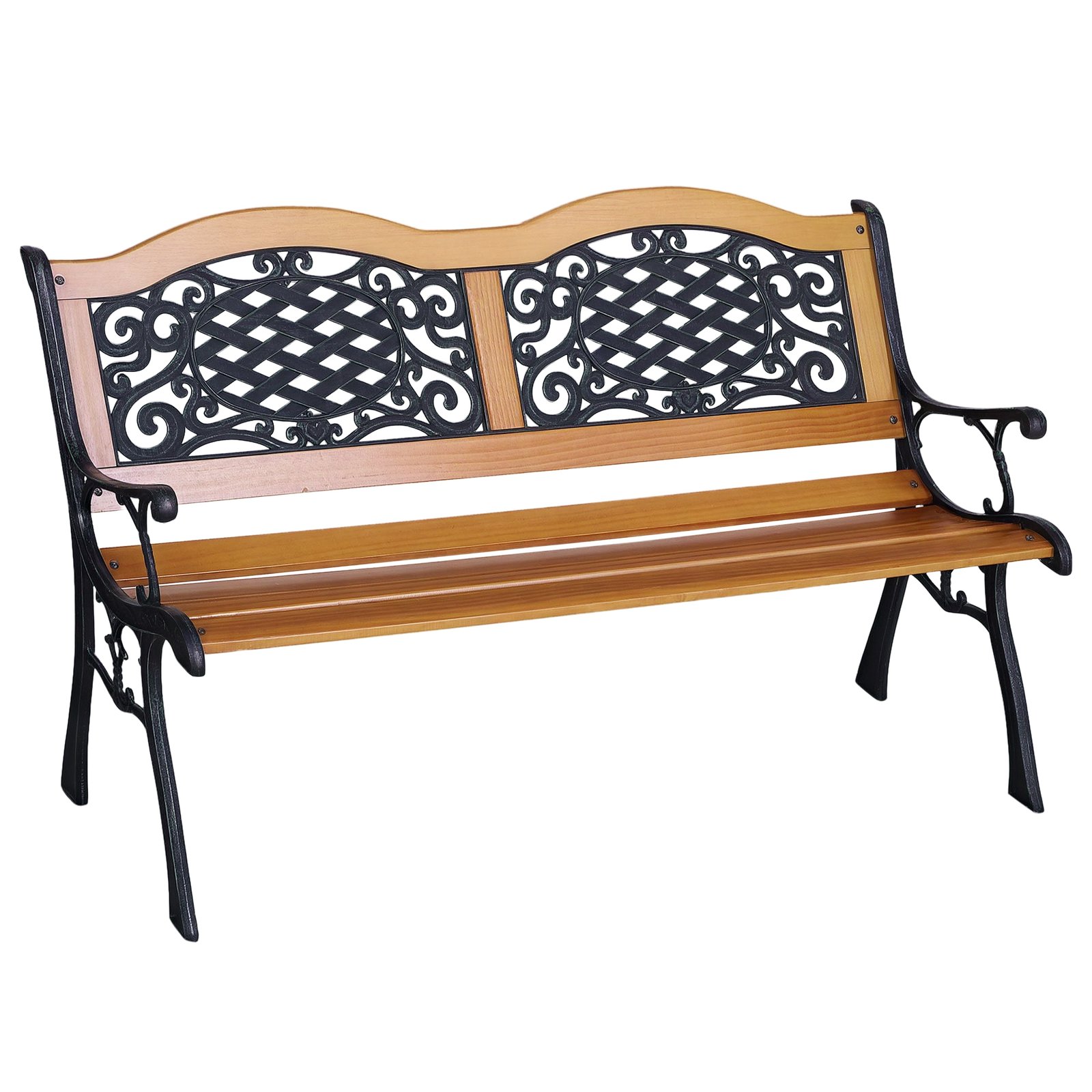 ySZaac19db1f7ba08.jpg 50" Outdoor Garden Bench, Park Patio Bench Loveseat, Wood & Metal Frame with Plastic Flourish Backrest, Natural Wood - Image 1