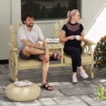 2-Seat Wooden Garden Bench with Table, Umbrella Hole, High Backrest, Armrests for Backyard, Patio, Garden, Natural Wood - Image 2
