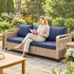 Rattan Wicker Sofa 3-Seater Outdoor Patio Sofa with Cushions for Garden Backyard Porch Dark Blue - Image 2