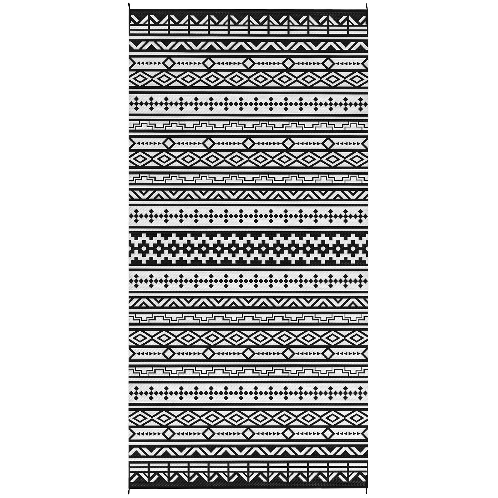 yZ86d319628449d0b.jpg Reversible Outdoor Rug, Waterproof Plastic Straw with Carry Bag, 9' x 18', Black & White Geometric Wall - Image 1