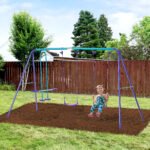 Metal Swing Set with Glider, Two S Seats and Adjustable Height, Outdoor Heavy Duty A-Frame Kids Playset Suitable for Playground, Backyard, Purple - Image 2