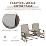 Outdoor Glider Bench with Center Table, Metal Frame Patio Loveseat with Breathable Mesh Fabric and Armrests for Backyard Garden Porch, Brown - Image 4