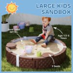 47" Round Kids Sandbox with Cover, 3 Seats, Waterproof Bottom Liner, for Backyard, Lawn, Garden, Beach, Patio, Brown - Image 4