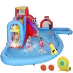 Inflatable Water Slide 6 in 1 with 480W Blower, Bounce House with Climbing Wall, Splashing Pool, Basketball Hoop