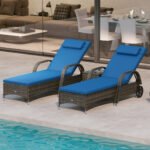 Patio Wicker Chaise Lounge Chair Set of 2 with Table, Adjustable Backrest, Wheels, Cushion & Headrest, Blue - Image 2