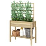 Wooden Raised Garden Bed with Trellis, Outdoor Planter Box with Storage Shelf for Vegetables, Flowers, Herbs