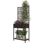 Outdoor Wicker Planter with Trellis for Climbing Plants, Freestanding Rattan Garden Box with Storage Shelf, Brown