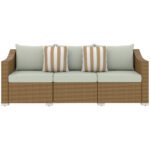 Rattan Wicker 3 Seater Patio Couch with Cushions, 2 Throw Pillows, Outdoor Furniture Rattan Sofa, Light Gray