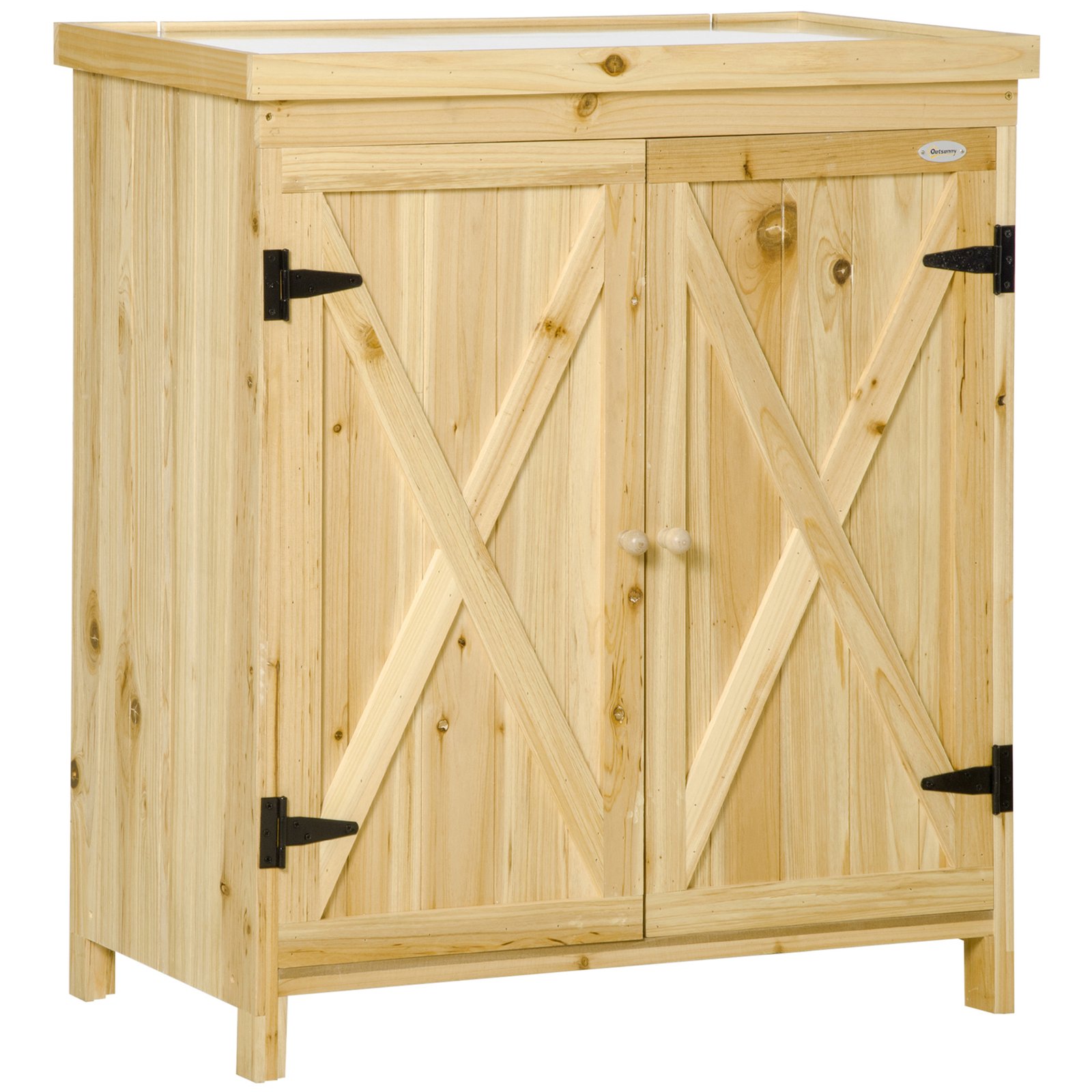 zBy98a18142a4f6bd.jpg Garden Storage Cabinet, Outdoor Tool Shed with Galvanized Top and Two Shelves for Yard Tools or Pool Accessories, Natural - Image 1