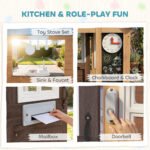 Wooden Kids Playhouse with Pet Door, Play Kitchen, Mailbox, Doorbell, Birdhouse, Fence and Windows for Pretend Play - Image 4