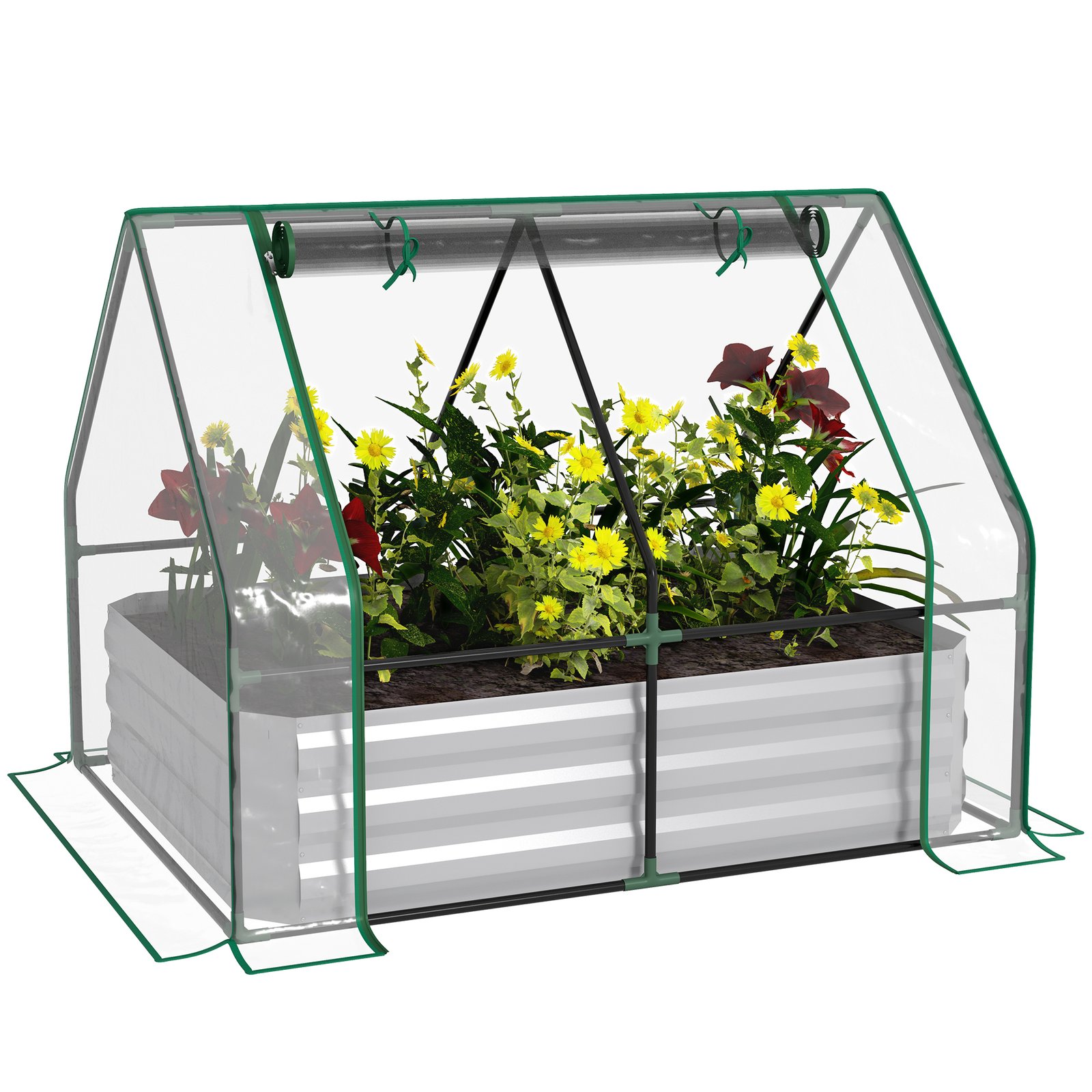 zJP70718febc6ce4b.jpg Raised Garden Bed with Cover, Outdoor Galvanized Metal Planter Box Kit, 4 x 3 ft Mini Greenhouse with 2 Large Screen Windows, for Growing Flowers, Vegetables and Herbs, Clear - Image 1