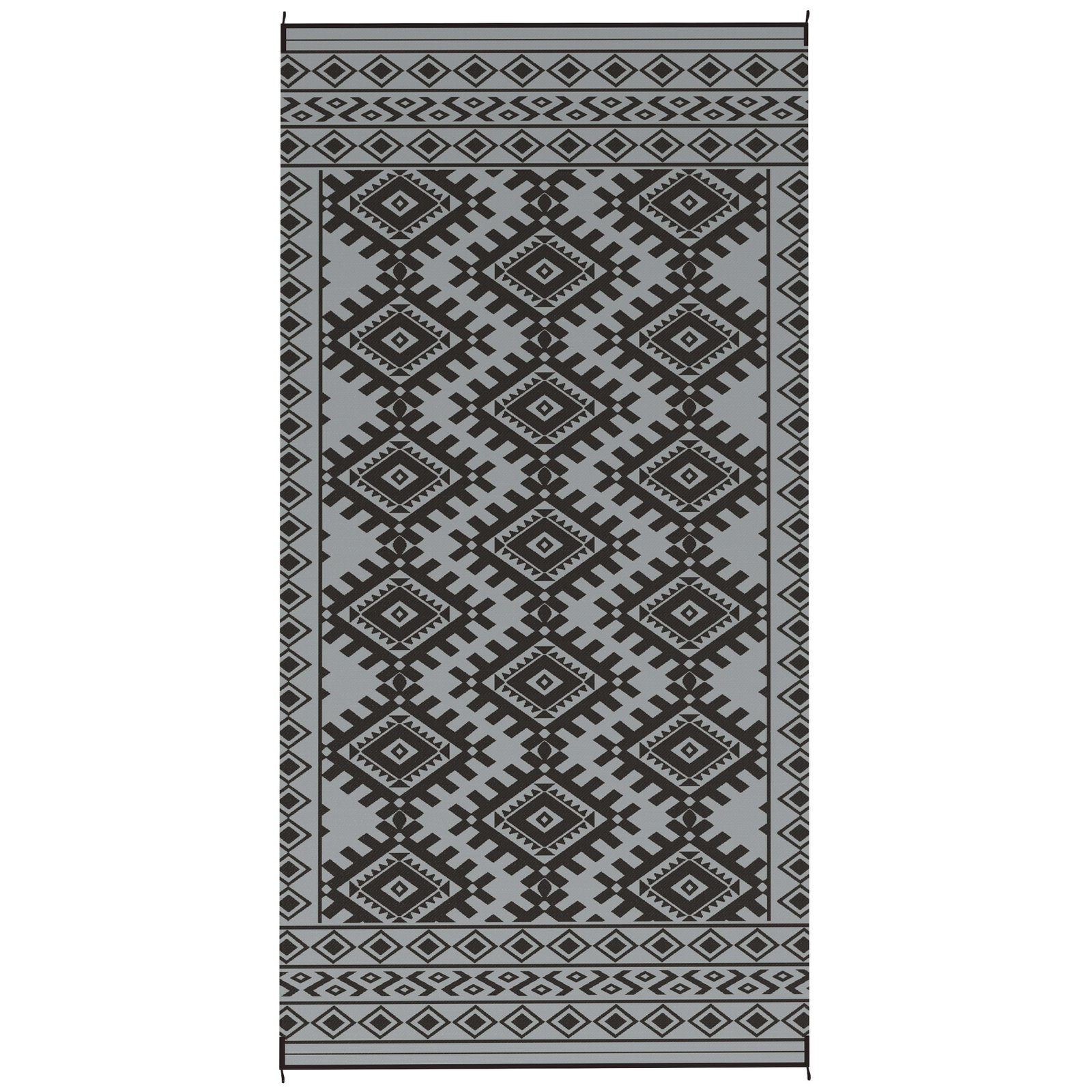 zLB6c6194d47b841a.jpg Reversible Outdoor Rug, Waterproof Plastic Straw with Carry Bag, 9' x 18', Black & Gray Rhombus Border - Image 1