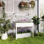 Elevated Garden Box with Greenhouse Cover, Raised Garden Bed with Legs and Drainage Hole for Vegetables, White - Image 2