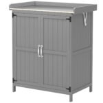 Outdoor Storage Cabinet, Garden Tool Shed with Metal Tabletop and Shelf, Wooden Potting Bench with 2 Doors, Gray
