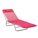 Folding Chaise Lounge Chair, Pool Sun Tanning Chair, Outdoor Lounge Chair with Reclining Back, Breathable Mesh Seat, Headrest for Beach, Yard, Patio, Pink