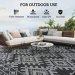 Reversible Outdoor Rug, Waterproof Plastic Straw with Carry Bag, 9' x 18', Black & Gray Rhombus Border - Image 6