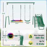 Metal Swing Set with Slide, Saucer Swing Seat, Heavy Duty A-Frame Stand and Adjustable Rope for Backyard, Dark Green - Image 3