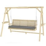 3 Seat Wooden Porch Swing with Stand, Patio Swing with Cushion, for Garden, Poolside, Backyard, Natural Wood