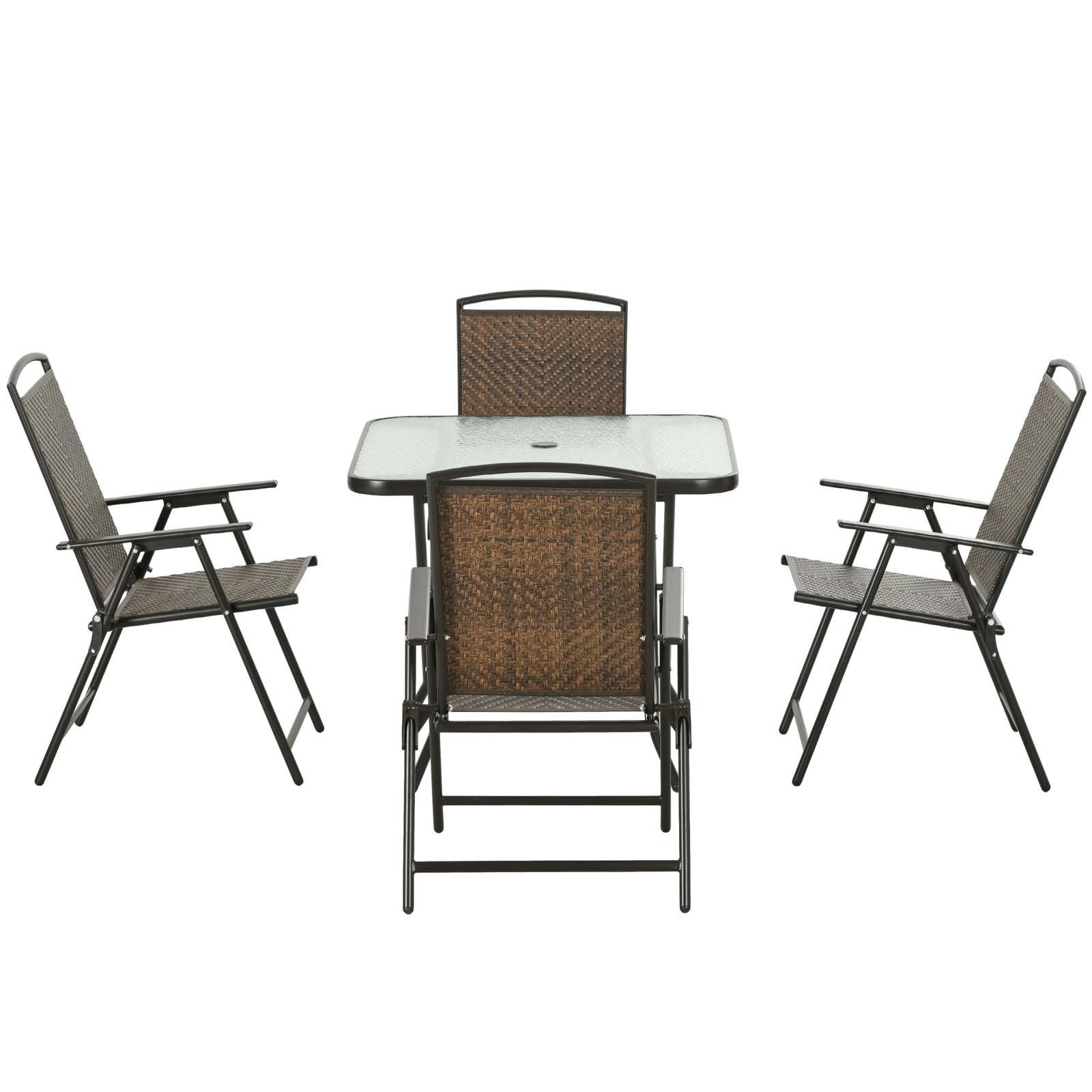 zcFede18dc6bf4717.jpg 5 Pieces Patio Table and Chairs, Foldable Wicker Outdoor Dining Table Set with Umbrella Hole, Dark Brown - Image 1