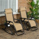2 Outdoor Rocking Chairs Foldable Reclining Zero Gravity Lounge Rockers w/ Pillow Cup & Phone Holder, Beige - Image 2