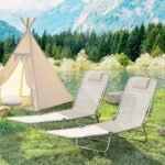 2 Piece Sun Loungers, Folding Chaise Lounge Chairs with Reclining Back, Breathable Mesh Seat, Headrest, Cream White - Image 8