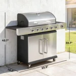6 Burner Propane Gas Grill with Side Burner, Barbecue Grill with Cast Iron Grates, Wheels, Side Tables, Cabinet - Image 3