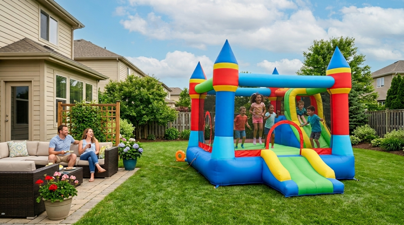 Family enjoying a bounce house in a backyard on a sunny day